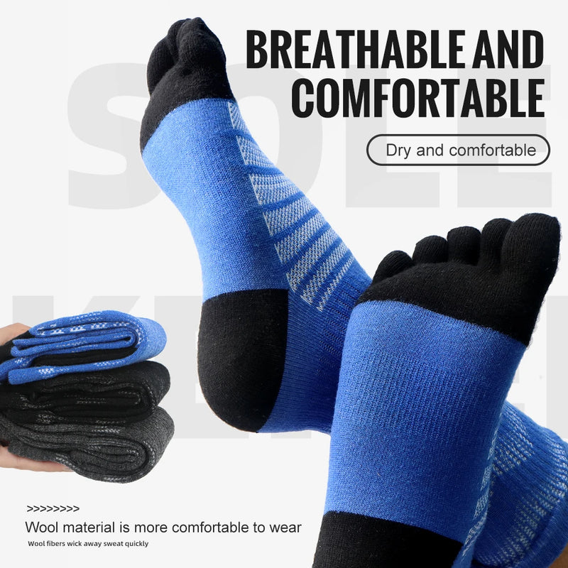 WRELS 1/3 pairs Merino Wool Socks For Men Thick Warm Hiking Running Cushion Crew Socks Merino Wool Sports Five Toe Socks