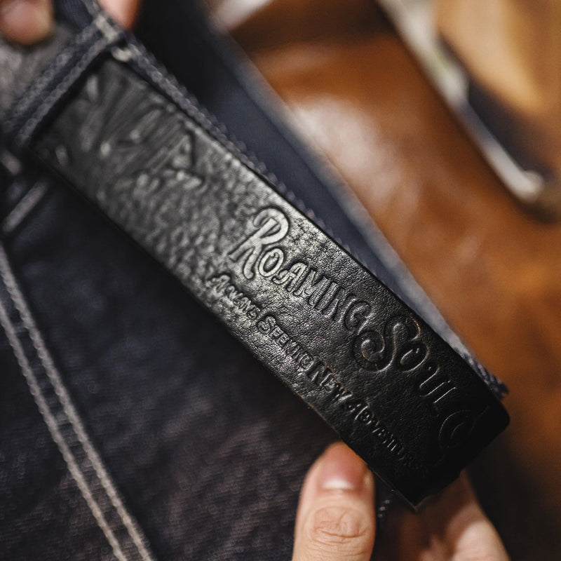 Maden Men's Vintage Genuine Leather Belt Hammered Brass Buckle Single Prong Jeans Belt Casual Durable Waist Strap Male Belt