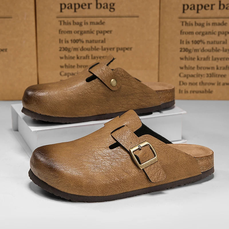 Comfort Cork Leather Slippers for Unisex Men Women Slip on Half Shoes Sandals Closed Toe Backless Health Footbed Slides Fashion