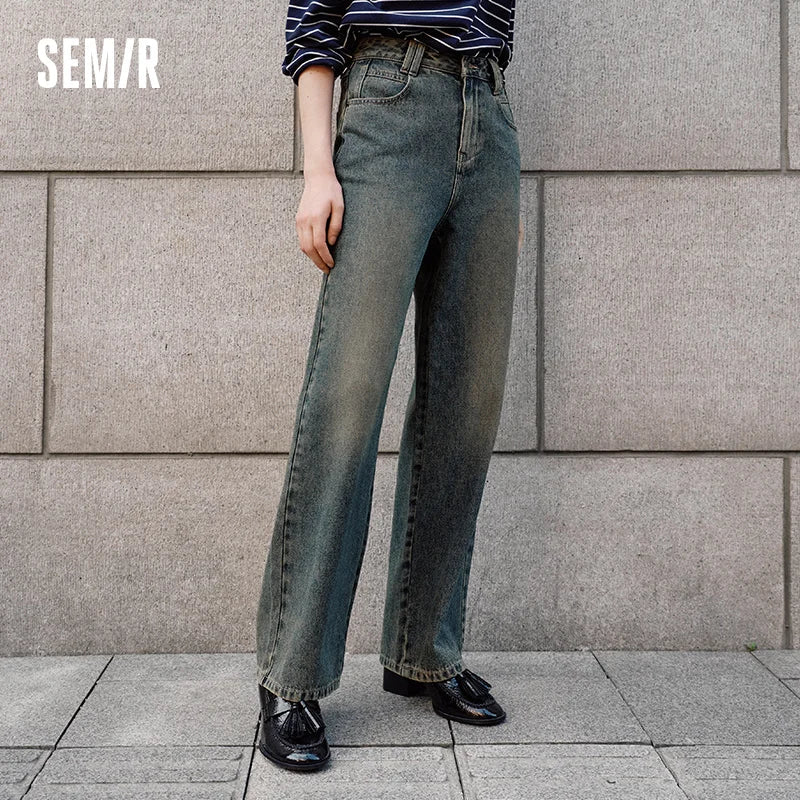 Semir Soft Jeans Women Fleece Lined Floor Length Pants Leg Slimming Wide Leg Retro Style 2026 Winter Fashion Trousers