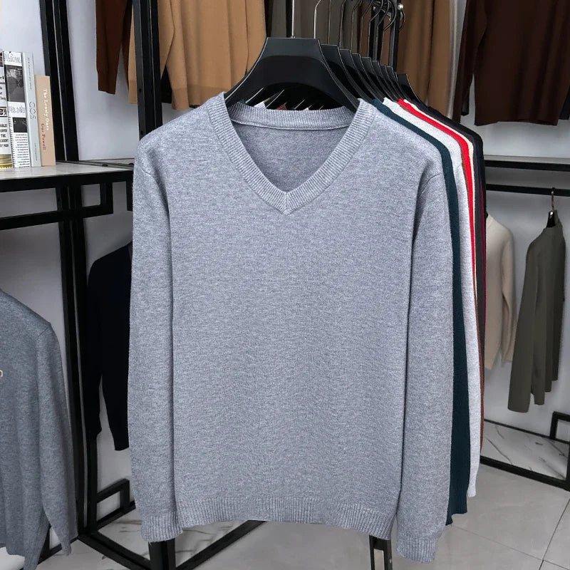 Classic V Neck Knitted Top Men Long Sleeve Smooth Knit Rib Trim Suitable For Layering Everyday Casual Look