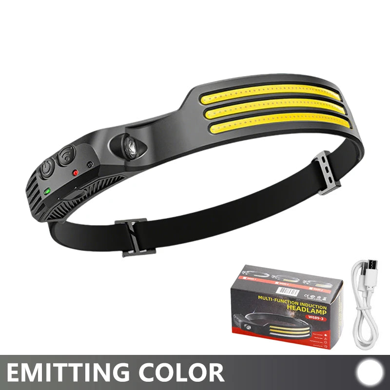 ភ្លើងមុខ COB LED ដែលអាចសាកបានដោយ USB ជាមួយឧបករណ៍ចាប់សញ្ញាចលនា ភ្លើងពិលធំទូលាយ ការពារទឹក សម្រាប់ការបោះតង់ នេសាទ ក្រៅផ្ទះ