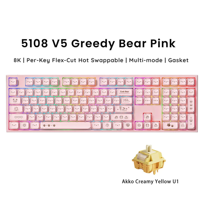 Akko 5108 V5 Mechanical Keyboard MAO Cute Bear SP Keycap 108-Key Full Size Per-Key Flex-Cut Hot Swap 8K ARGB Tri-mode Keyboard