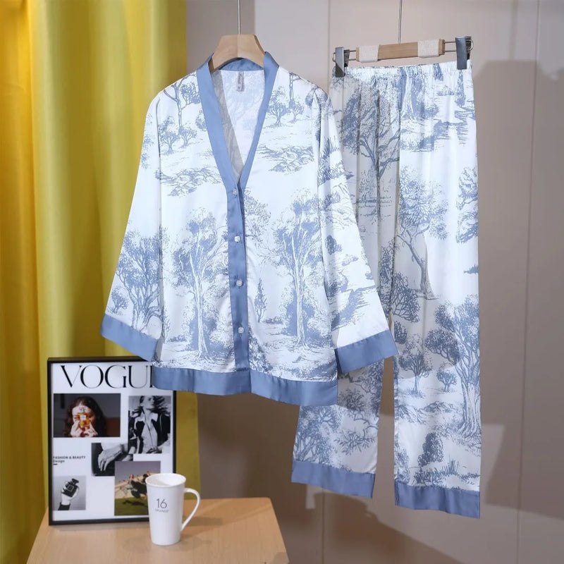 Ice Silk Floral 2PCS Pajamas Set Women Sleepwear Spring Autumn Homewear Pijamas Suit Long Sleeve Lounge Wear Ladies Pj Sets