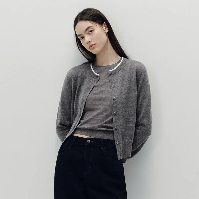 Semir Women Cardigan Short Contrast Crew Neck Faux Two Piece Wool Blend Soft Elegant Autumn Knitwear Daily Wear 2026