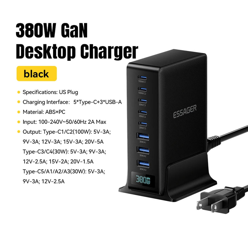 ឆ្នាំងសាក Essager 380W GaN 8 in 1 ជើងទ្រសាកថ្មលឿនសម្រាប់កុំព្យូទ័រយួរដៃលើតុ iPhone 17 16 15 Pro Max Macbook Air Xiaomi Samsung ថេប្លេត
