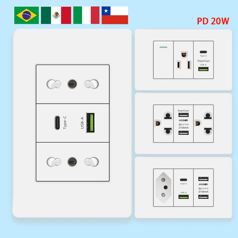 Italy Chile Mexico USB Smart Type-c 20W Fast Charging Wall Outlet plug,Brazil Electric Light Switch Panel Universal usb c Socket