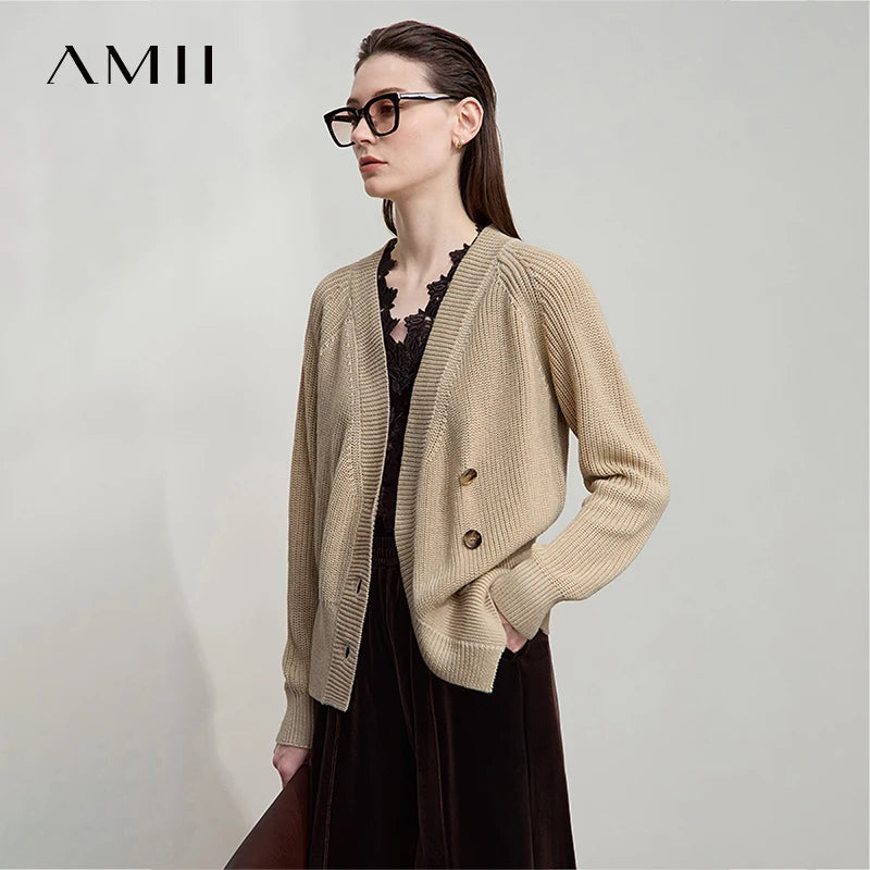 AMII Minimalist Elegant Woman Cardigan 2026 Autumn French V-Neck Raglan Asymmetrical Tops Loose Casual Knit Cardigans 12523010
