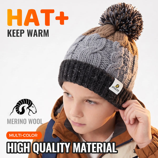 WRELS Merino Wool Beanie Windproof Warm Hat Fleece Lined Thick Knit Skull Cap Boys Girls Kids Winter Outdoor Skiing Snow Hat