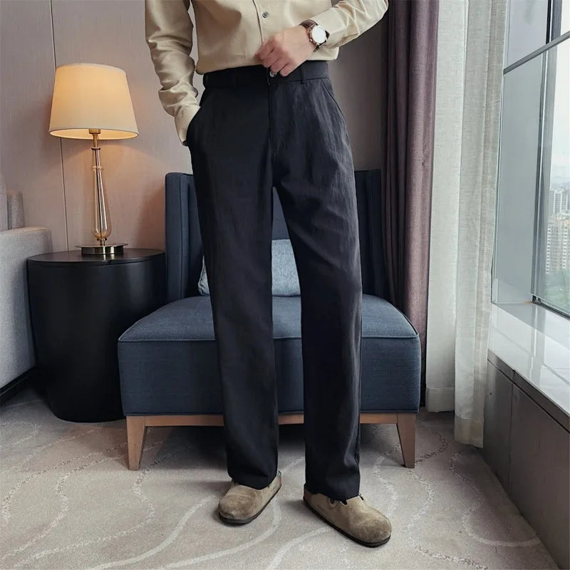 Men's Tencel Linen Blend Relaxed-Fit Straight Trousers – Breathable Summer Casual Pants with Elastic Waist & Cooling Texture