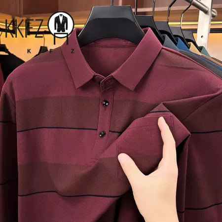 Autumn Basic Long Sleeve Polo Men Turn Down Collar Stripe Pattern Material Easy Matching Daily Commute Apparel