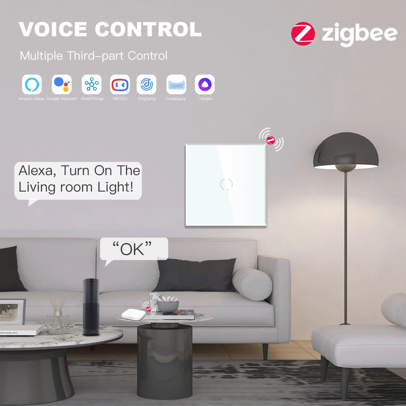 BSEED 1/2/3Gang Smart Zigbee Touch Light Switch 2-Way Control Compatible with Alexa/Google Home No Neutral Wire Touch Switch