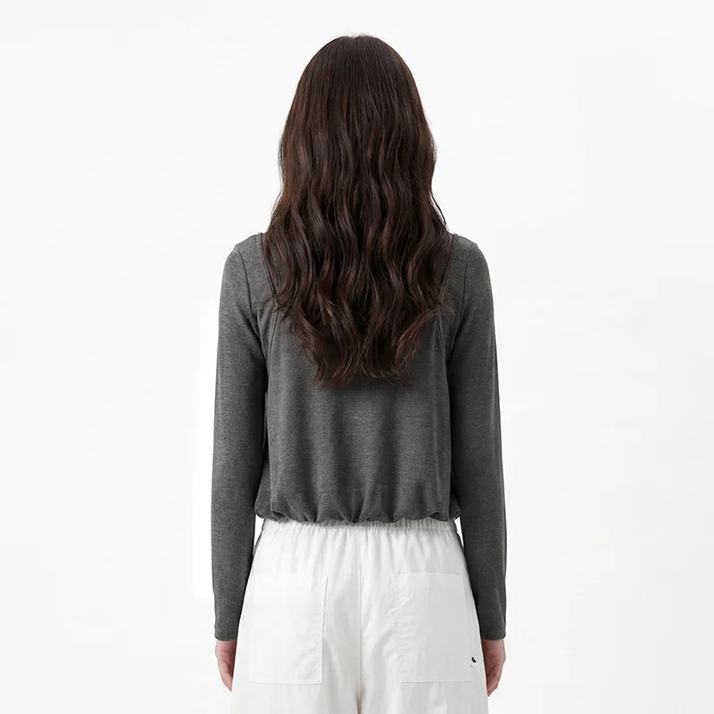 Semir Women Tshirt Long Sleeve Short Faux Two Piece Bubble Hem Slim Solid Sweet Casual Autumn Top Daily Wear 2026