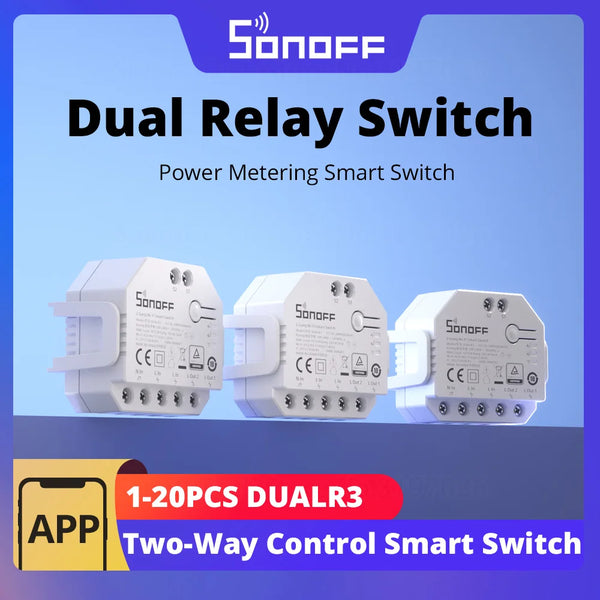SONOFF DUALR3 Dual Relay Module DIY MINI Power Metering Smart Switch 1-20PCS Two Way Smart Home Control via eWeLink Alexa Google