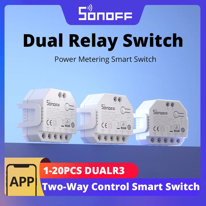 SONOFF DUALR3 Dual Relay Module DIY MINI Power Metering Smart Switch 1-20PCS Two Way Smart Home Control via eWeLink Alexa Google