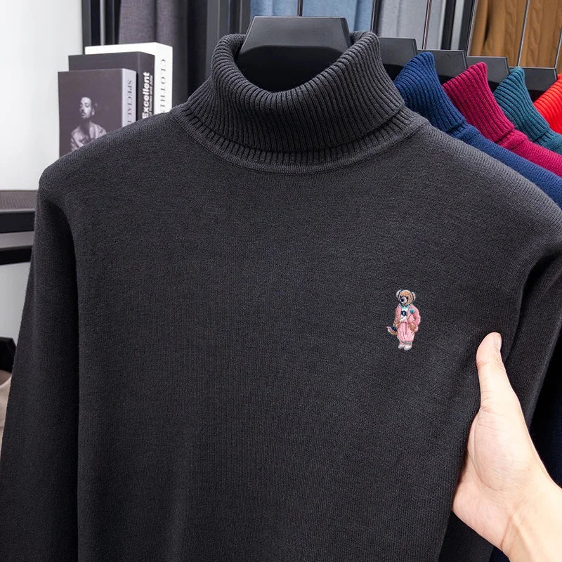 Comfort Man High Neck Long-Sleeved Knitwear Bear Embroidery Pullover Fashionable Daily Wear for Men Autumn Winter Versatile Men'