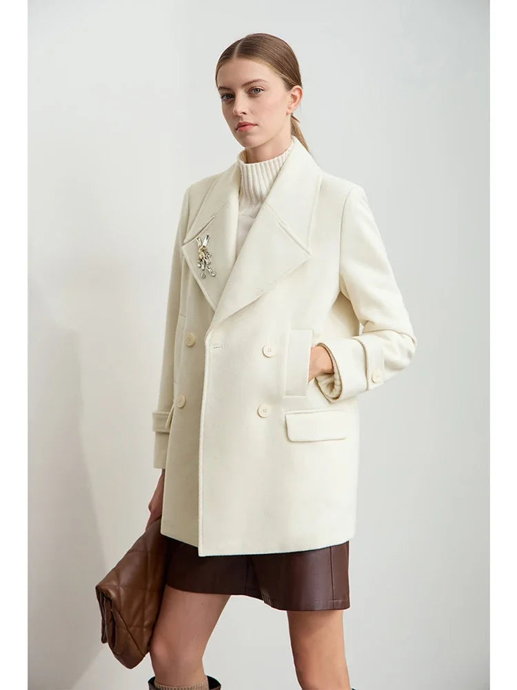 Amii Minimalist 2026 Winter Women Clothing Lapel Shoulder Pads Woolen Jackets Embroidery Loose Double-breasted Coat 12424083