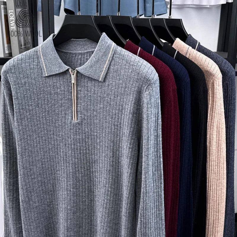 100% Cashmere Wool Sweater, Semi-Zip Placket Ribbed Texture, Soft Non-Irritating, 7 Colors M-4XL Business Casual