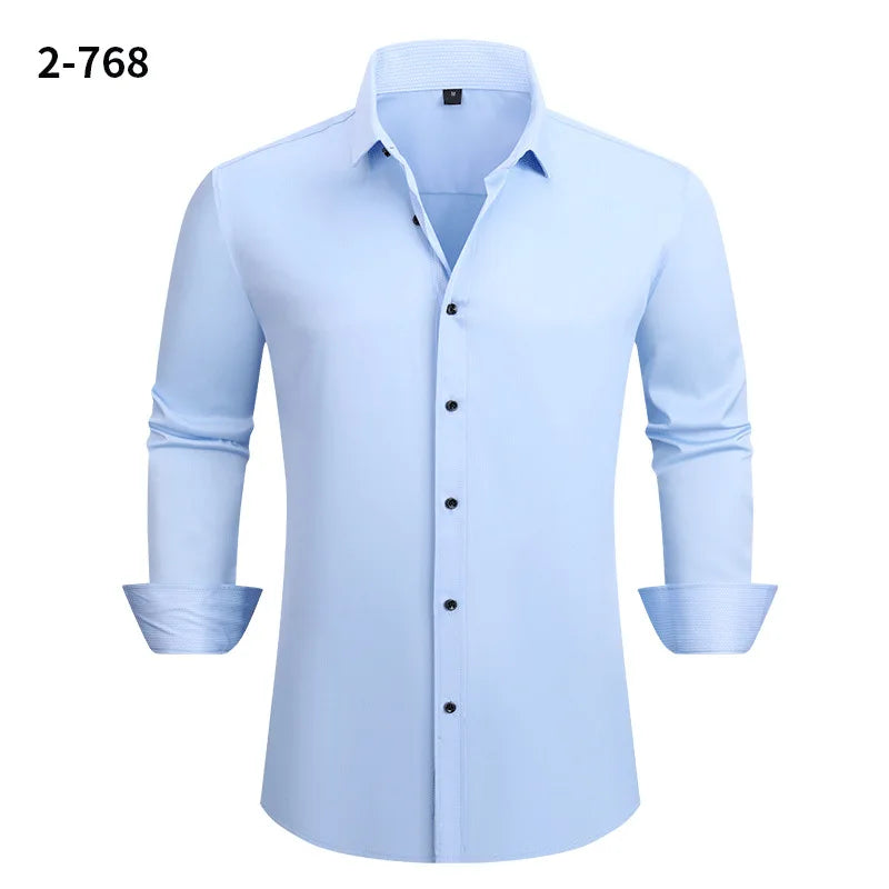 Men's Black Long-sleeve Stretch Shirt, Red Patchwork-trimmed Shirts, Commuter-style Single-Breasted Lapel Tops.