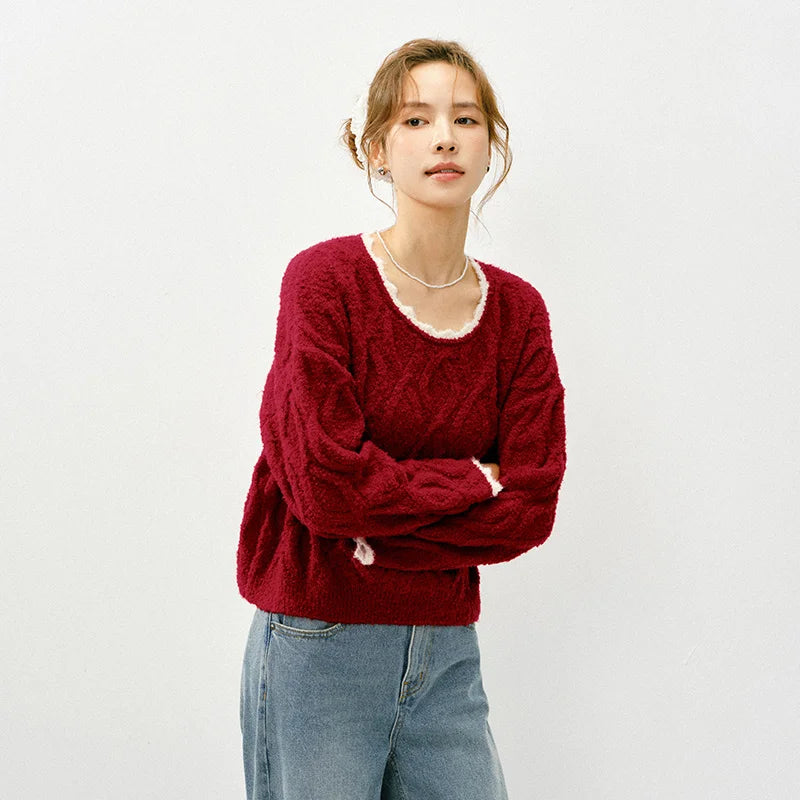Semir Red Sweater Women 2026 Spring Short Cable Knit Ruffle Loose Slouchy New Year Style Casual Fashion Pullover Top
