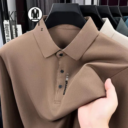 Men Long Sleeve Polo Shirt Turn Down Collar Button Placket Soft Textured Fabric Business Office Daily Wear Male Casual Tops