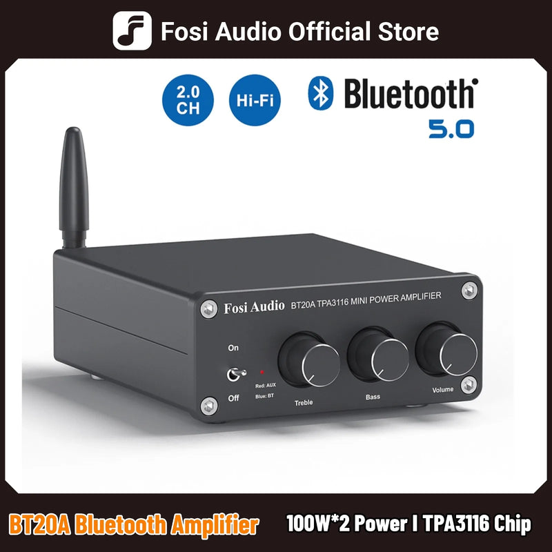 ឧបករណ៍ពង្រីកសំឡេង Fosi Audio BT20A ប៊្លូធូស TPA3116D2 100W Mini HiFi Stereo Class D Amp Bass Treble សម្រាប់រោងភាពយន្តនៅផ្ទះ