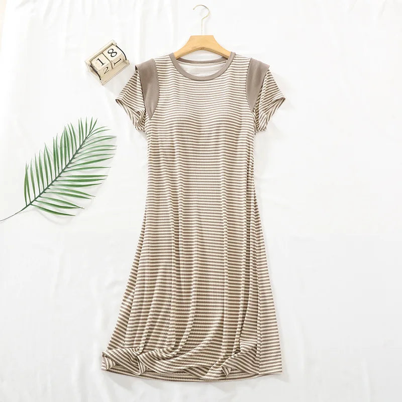 Womens Dresses Sleepwear For Sleeping Nightdress Short Sleeve Modal Striped Nightgowns Chest Pad Slim Ladies Nightshirt