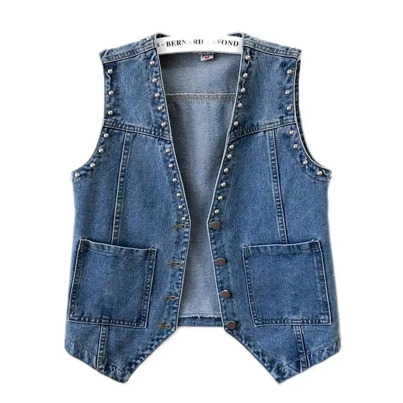 Fashion Rivet Denim Vest Women's Thin Short Spring Autumn Sleeveless Top Small Vest Outside Wear Jacket Female Waistcoat