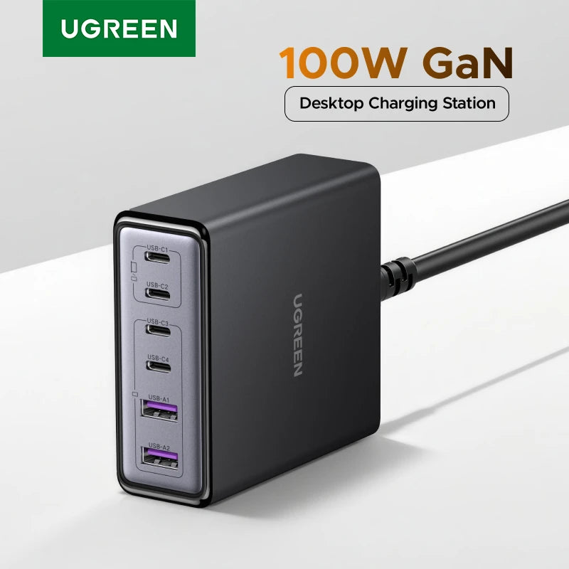 UGREEN 100W 65W GaN Charger Desktop Laptop Fast Charger 6 in 1 For Macbook Air iPad iPhone17 16 15 Pro Max Xiaomi Samsung Tablet