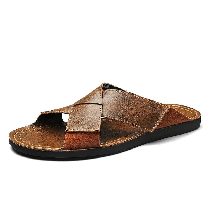 Men Cross Strap Leather Slide Sandals Open Toe Flat Slippers Male Non Slip Rubber Sole Summer Casual Outdoor Beach Shoes Vintage