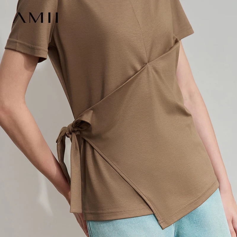 AMII Women Casual Summer T-shirt 2026 New Short Sleeve Slash Neck Tie-up Piece Pleated Cotton Tee Woman Slim Top 12552035