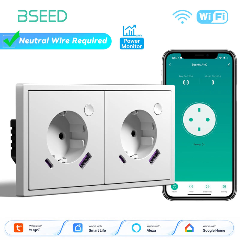 BSEED E Series WIFI Wall Socket Smart Power Monitor Socket 20W USB Type-C Charge Port Plastic Frame Tuya Smart Life Control