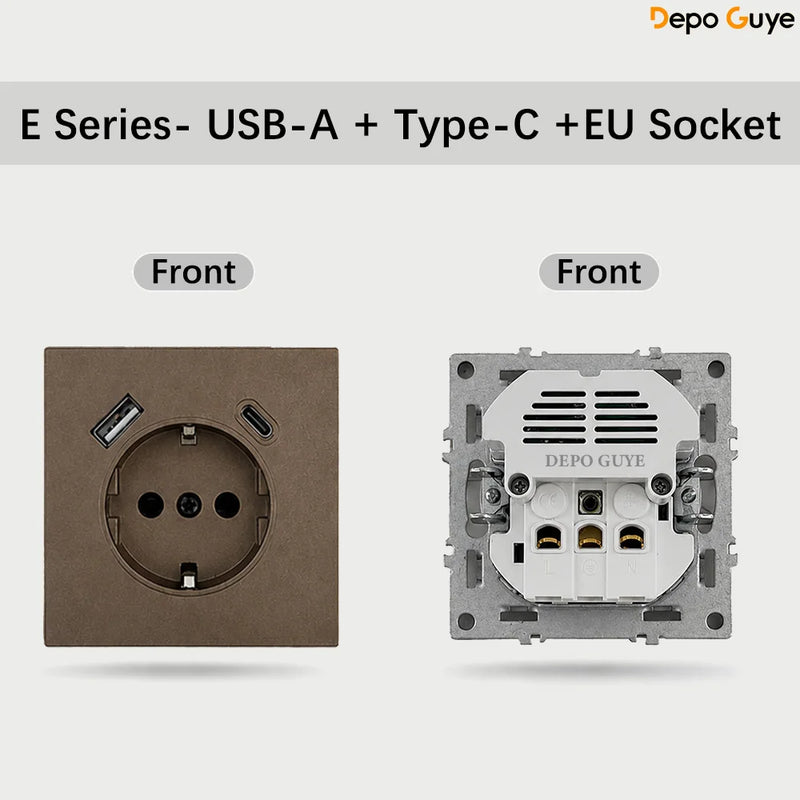 Brown EU Russia Socket with USB TypeC+A Double French 1 2 Gang TV Computer CAT6 Switch DIY Function Parts Plastic Frames