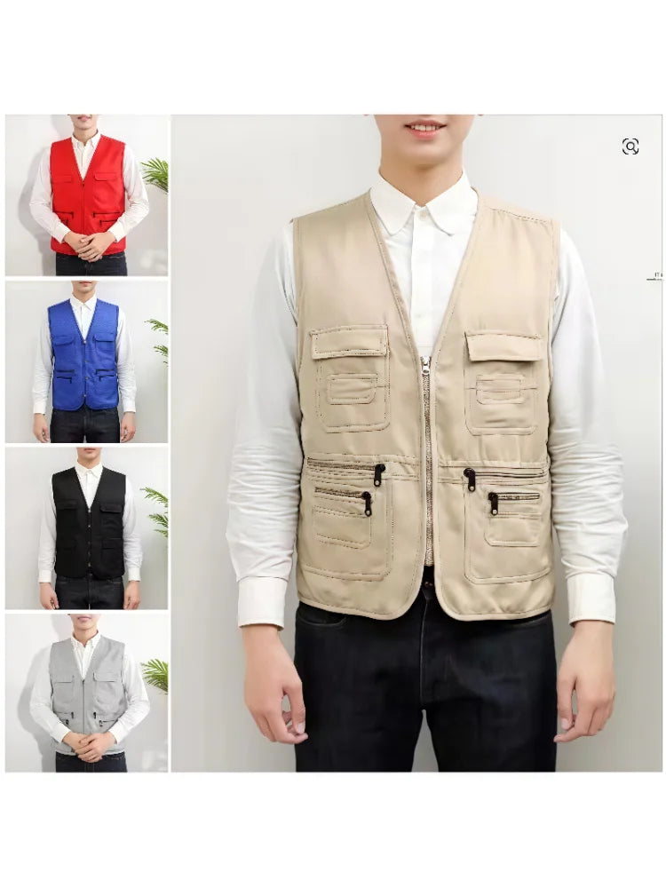 Male Outerwear Vest Thickened Zipper Work Vest Custom Printing Logo Multi-Pocket Activity Vest Team Workwear 9 Colors