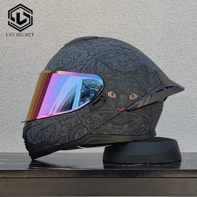 Original LVS Bright Black Helmet Motorcycle Full Face Motorcycle Helmet Riding Big Spoiler Unisex Helmet Casque DOT Approved