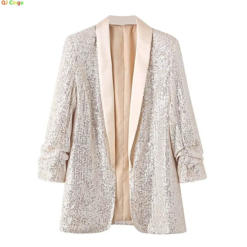 New Arrivals: Apricot-colored Women's Long-sleeve Cardigan; Jacket with Gold Circular Sequin Embellishments.