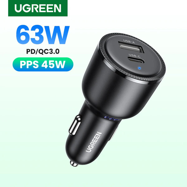 NEW in UGREEN 63W Car Charger PD QC 3.0 PPS 45W USB Type C Fast Charging for iPhone 17 16 Samsung Xiaomi Mobile Phone Charger