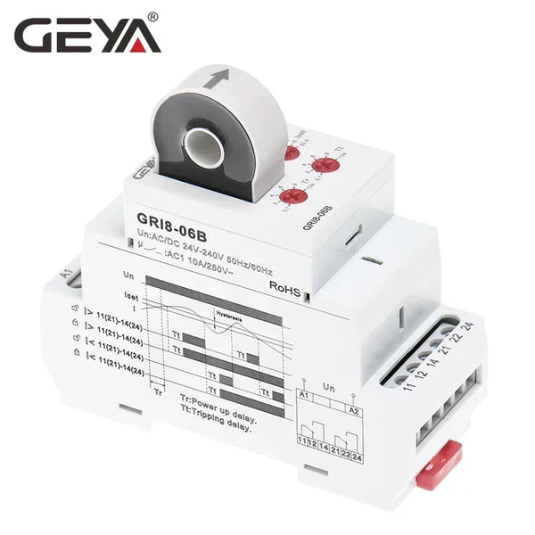 រេឡេឧបករណ៍ចាប់សញ្ញាចរន្ត DC GEYA GRI8-06 ទទឹង 18mm 2CO 8A រេឡេសាកល្បងចរន្ត AC/DC ជួរធំទូលាយ 24V-240V