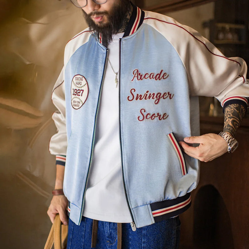 អាវ Maden បុរស Vintage ប៉ាក់ Souvenir Jacket Satin Contrast Baseball Bomber Outwear Short Zip Up Casual Jacket សម្រាប់រដូវផ្ការីក និងរដូវស្លឹកឈើជ្រុះ