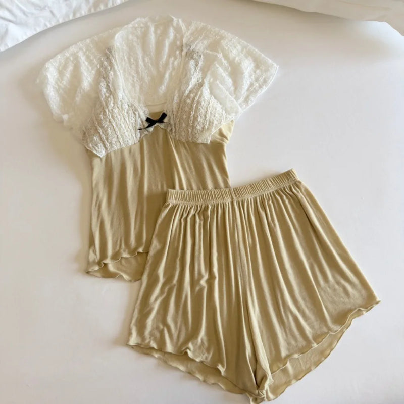 Thin Summer New Pajama Set Woman Nightwear Elegant Short Sleeve Two-Piece Homewear Chest Pads Sleepwear Women's Home Clothes