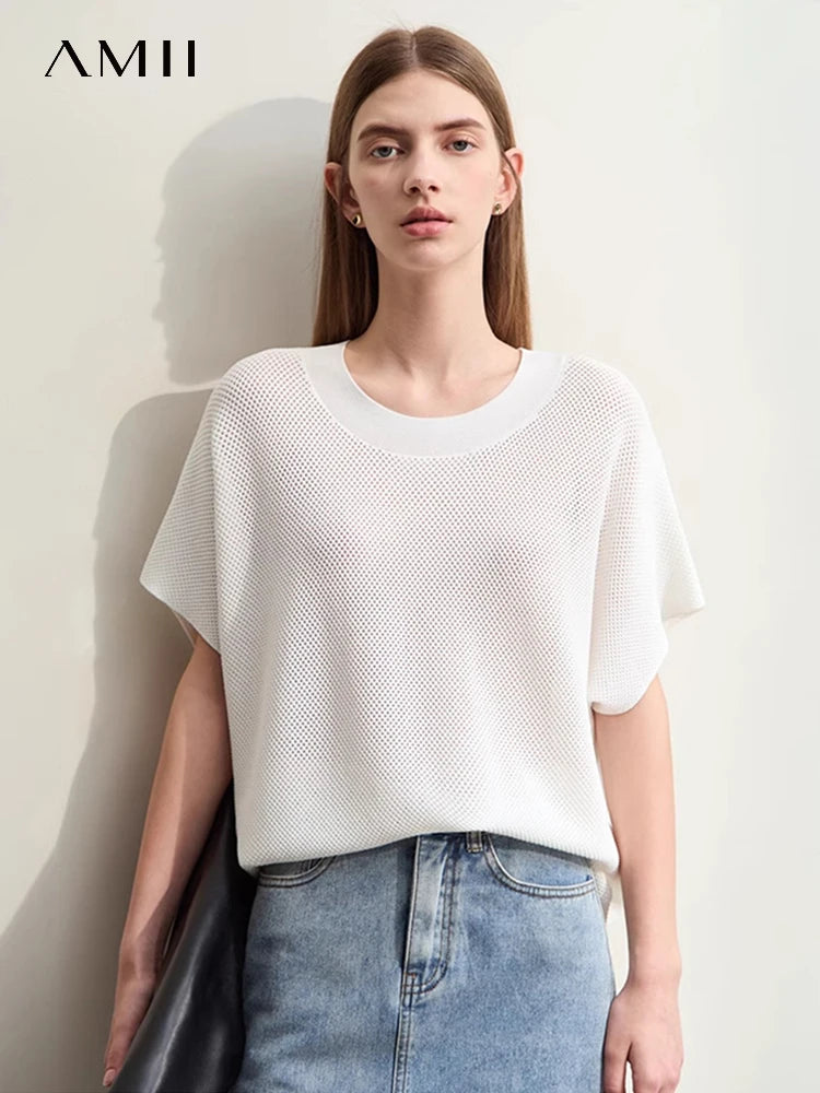 អាវយឺតប៉ាក់ AMII Minimalism សម្រាប់ស្ត្រីឆ្នាំ ២០២៥ រដូវក្តៅថ្មីធម្មតាកមូលរោមចៀមប្រហោងរលុង Streetwear កំពូលទាន់សម័យ 12442024