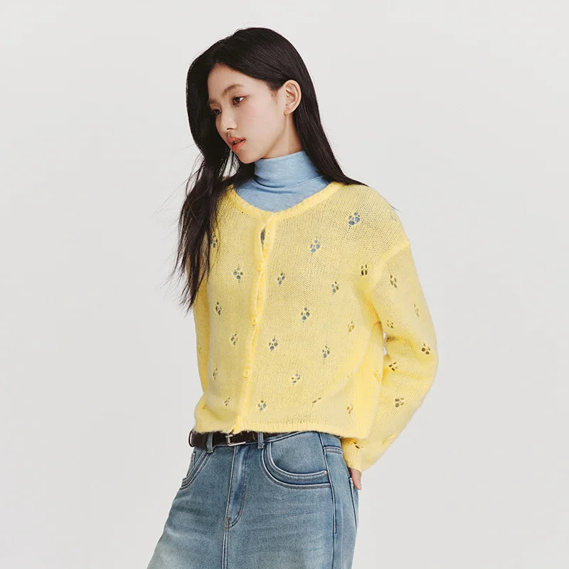Semir Red Cardigan Women 2026 Spring Hollow Out Crew Neck Loose Gentle Style Casual Comfortable Fashion Knitwear Top