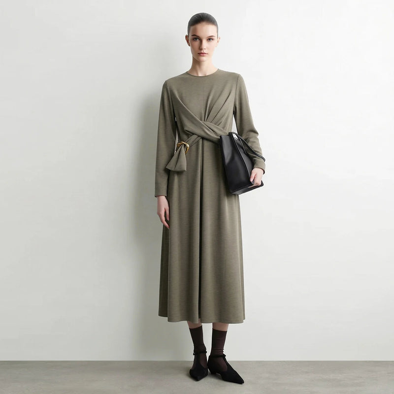 Amii Women's Casual Dresses 2026 Autumn New O-Neck Satin Long Sleeve Elegant D-ring Belt Slim A-Line Dresses For Woman 12643006
