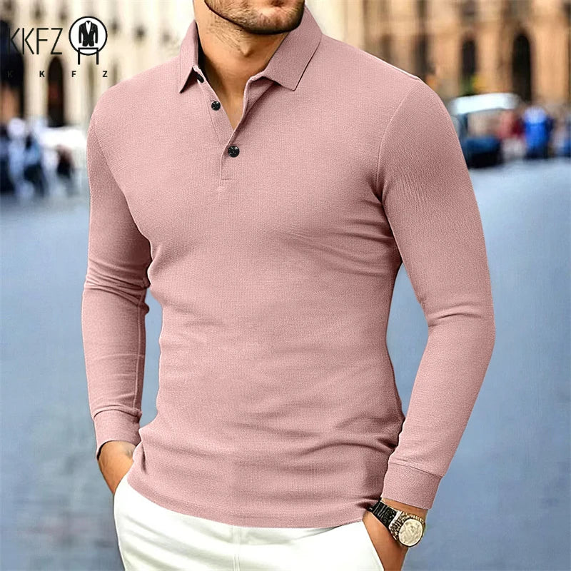 Men's Business Casual Long Sleeved Shirt Solid Color Fashionable Breathable Comfortable Versatile Polo Top