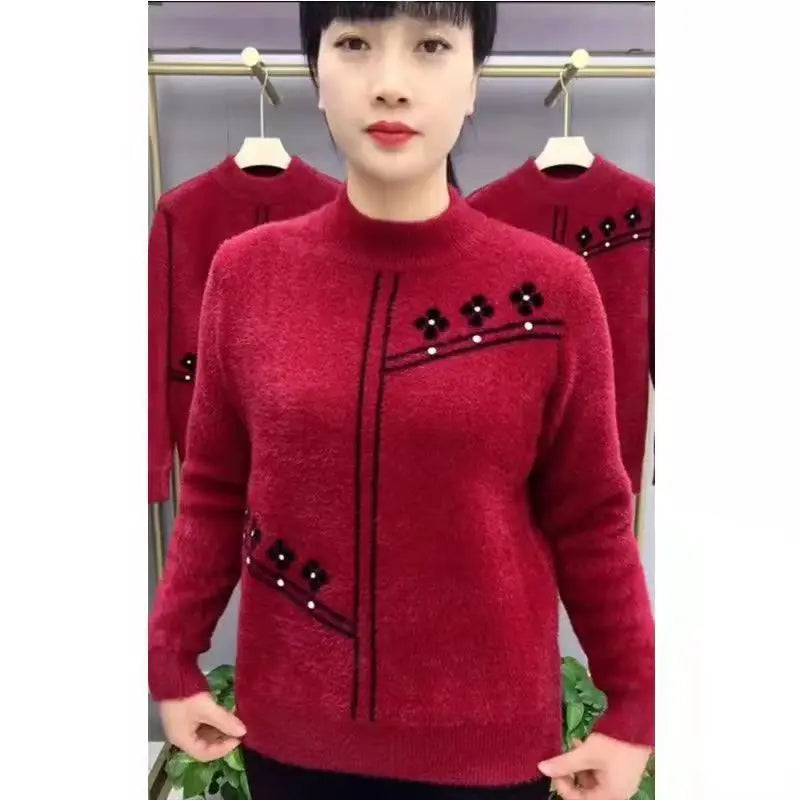 Winter Woman Clothes Half Turtleneck Thicken Pullover Top Warm Mink Fur Knitwear Female Clothing Bottom Wear Printed Sweater