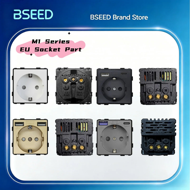BSEED EU Standard Wall Power Socket USB Outlet Without Glass Panel DIY Function Parts Type-C Charge Port Part 110-250V 16A