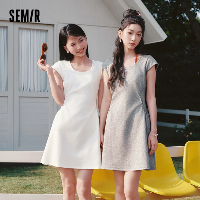 Semir Women Dress U Neck Solid Color Ruched Short Sleeve Minimalist Design Mini 2026 Summer Casual Fashion Top
