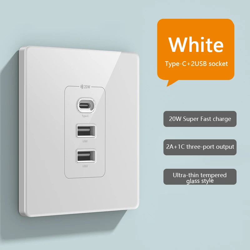 Universal 20W Super Fast Smart Charge Type C USB Port Glass Plastic Power Wall Socket Plug,Quick Charge Adapter Dual USB Socket