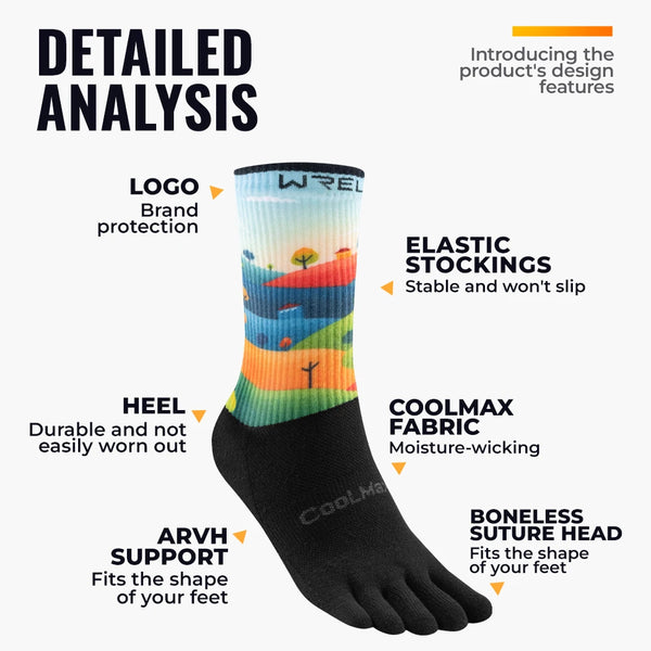 WRELS 1/2/3 Pairs Coolmax Toe Socks Arch Support 5Finger Socks Anti-Blister Anti-Slip Breathable Running Hiking Crew Sport Socks