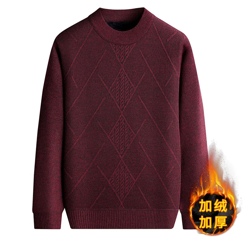Breathable Outer Knit Men Thermal Jumper Full Plush Inner Retro Rhombus Jacquard Daily Commuting Pullover